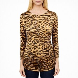 Carlisle Leopard Blouse Ruched Bateau Neck Long Sleeves Stretch Bodycon Size M